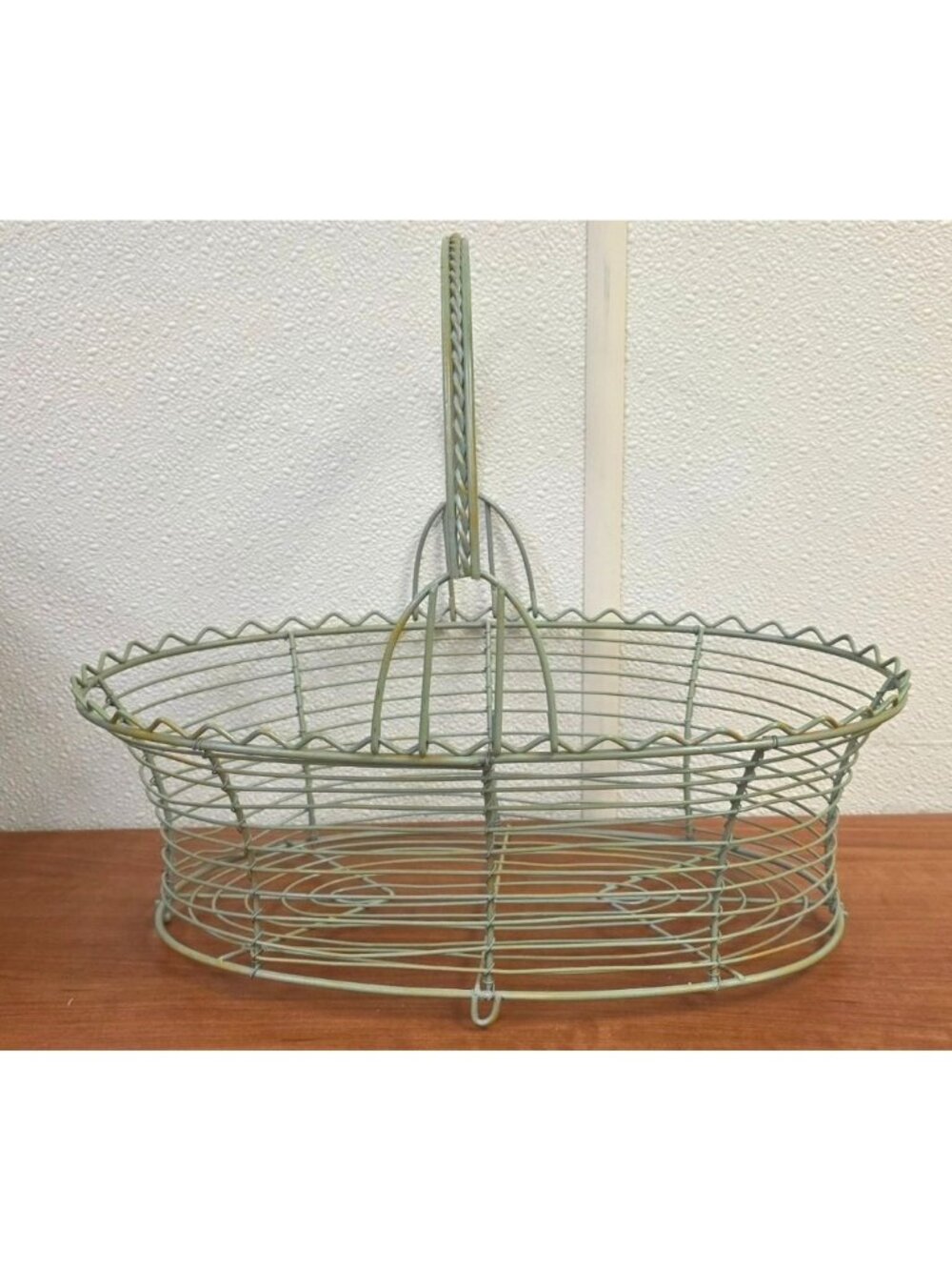 Vintage Sage Green Wire Decorative Egg Basket w Handle 12" Rustic Cottagecore
